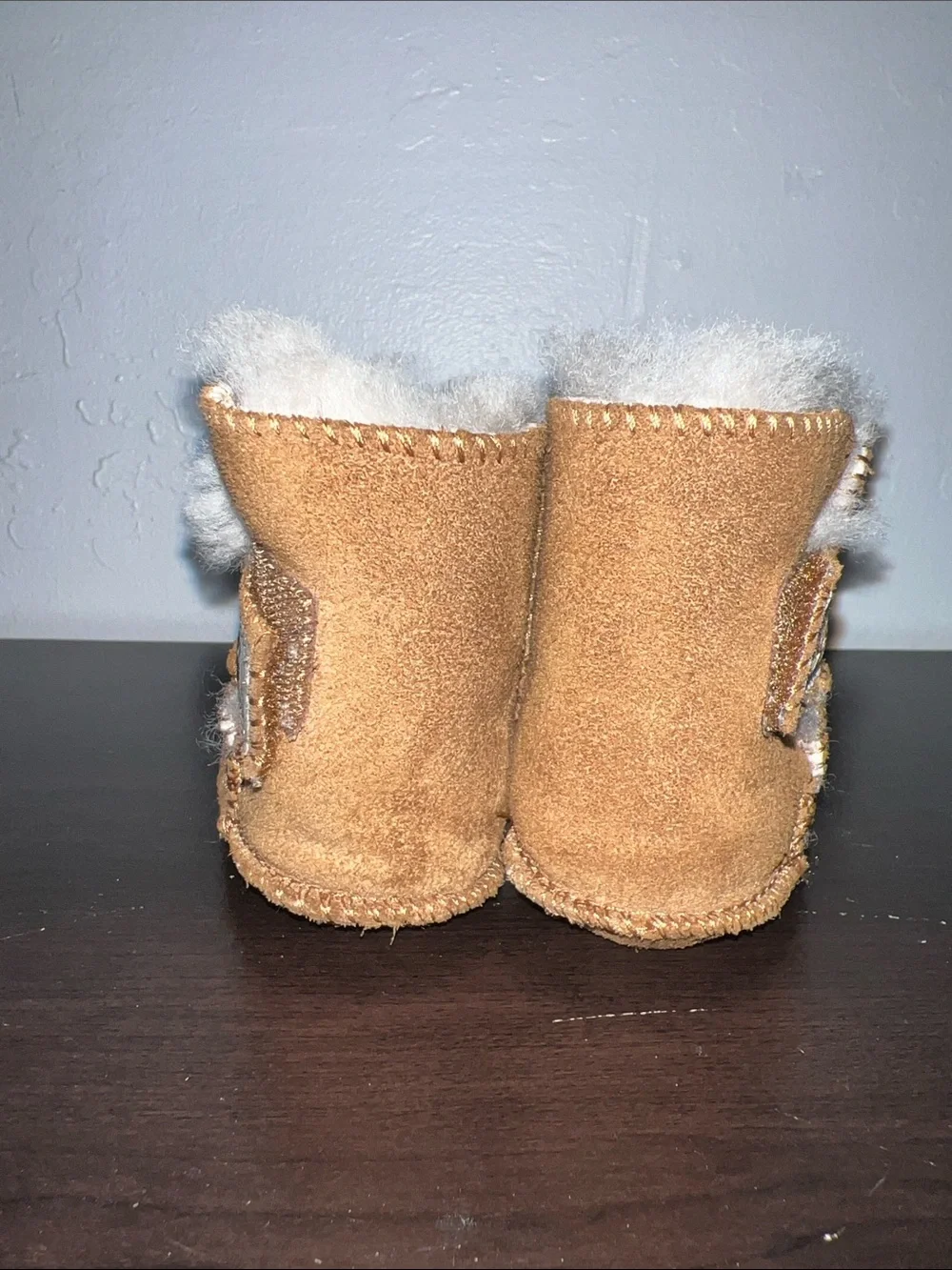 UGG Chestnut Suede Baby Booties with Shearling Trim - Picture 4 of 8